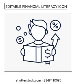  Accounting Book Line Icon. Man Reading About Last Costs. Banking. Budget Plan. Financial Literacy Concept. Isolated Vector Illustration. Editable Stroke