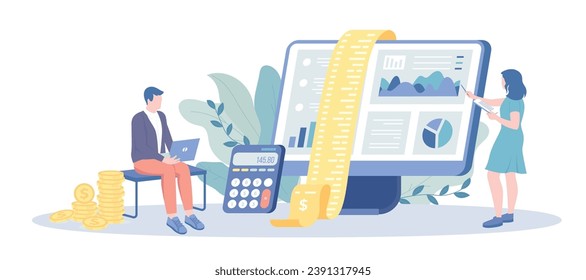 Accounting, Bookkeeping, Calculation of financial income and expenses. Audit debit and credit calculations. Vector illustration with character situation for web.	
