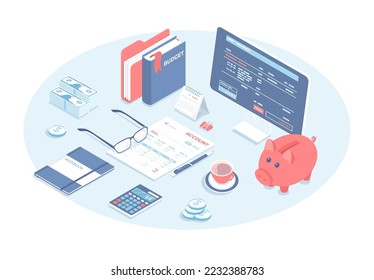 Accounting, bookkeeping, calculation. Online banking and virtual finance concept. Bill, tax, receipt payment. Vector illustration in 3d design. Isometric web banner.	
