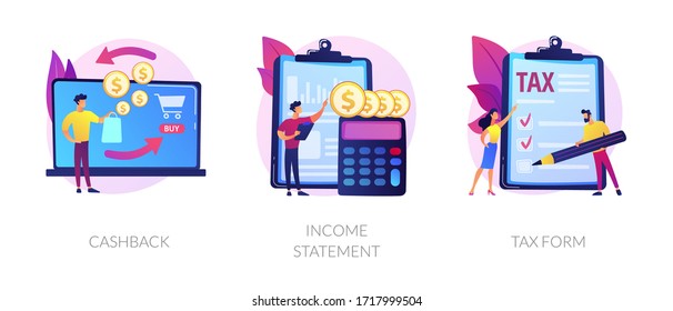 Accounting and bookkeeping cartoon web icons set. Money online refund. Financial consulting. Cashback, income statement, tax form metaphors. Vector isolated concept metaphor illustrations