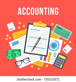 Accounting, bookkeeping, check financial statements, corporate paperwork concept. Top view. Modern flat design graphic for websites, web banners, etc. Red background. Creative vector illustration