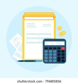Accounting, bookkeeping, check financial statements, corporate paperwork concept isolated on the blue background. Graphic for websites, web banners, etc. Top view. Vector illustration