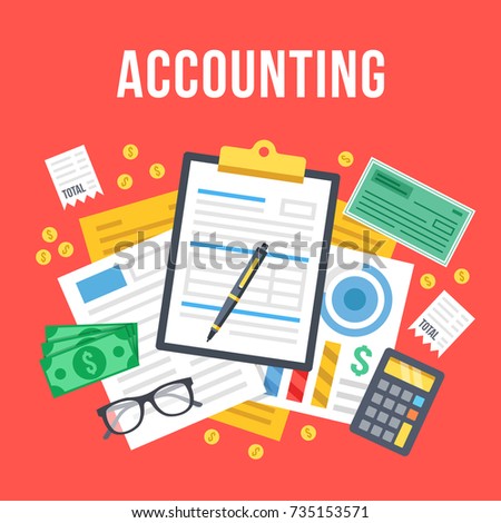 Accounting, bookkeeping, check financial statements, corporate paperwork concept. Top view. Modern flat design graphic for websites, web banners, etc. Red background. Creative vector illustration