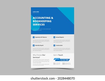 Accounting and bookkeeping service flyer template. Tax service solution poster leaflet design. Accounting and budget management service flyer template