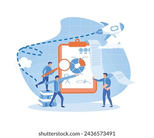 Accounting and Bookkeeping. Tiny Accountant Characters at Huge Clip Board Filling Bookkeeping Data, Graphs and Charts Counting Money Refund. Financial Consulting. flat vector modern illustration