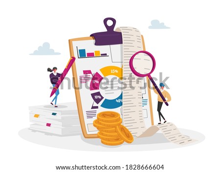 Accounting and Bookkeeping. Tiny Accountant Characters at Huge Clip Board Filling Bookkeeping Data, Graphs and Charts Counting Money Refund. Financial Consulting. Cartoon People Vector Illustration