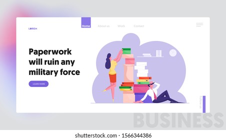 Accounting Bureaucracy, Deadline Website Landing Page. Business People Office Employees with Huge Heap of Paper Documents Working in Very Busy Day Web Page Banner. Cartoon Flat Vector Illustration