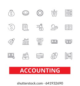 Accounting, business accountant, finance, bookkeeping, tax, audit, money line icons. Editable strokes. Flat design vector illustration symbol concept. Linear signs isolated on white background