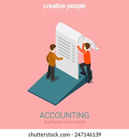 Accounting business finance concept flat 3d web isometric infographic vector. Two man holding big slip fiscal check. Build your own world creative people collection.