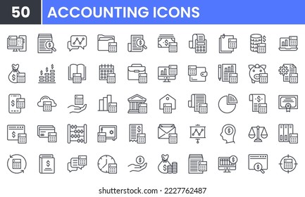 Juego de iconos de línea vectorial de contabilidad y finanzas empresariales. Contiene iconos lineales como Dinero, Inversión, Banco, Calculadora, Auditoría, Pago, Impuesto, Ingresos, Cuenta, Revisión, Informe. Uso editable y trazo.