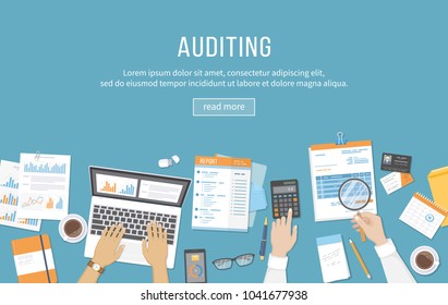Accounting, business meeting, auditing,  calculation, data analysis, reporting. People at work. Human hands on a table with documents, graphs, charts, notebook, phone, laptop, business card. Vector