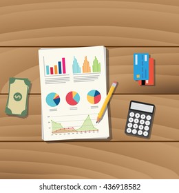 accounting business paper document work with pencil credit card money and calculator vector graphic illustration