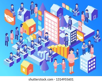 Accounting business with smartphone and personal computer - Isometric view of house and building Vector Design Concept Illustration Blue background