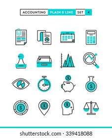 Accounting, business statistics, time and money management and more. Plain and line icons set, flat design, vector illustration