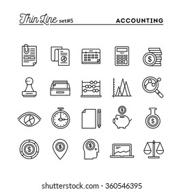 Accounting, business statistics, time, money management and more, thin line icons set, vector illustration