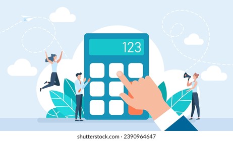 Accounting calculating finance, counting, pressing buttons with finger. Economy, accounting concept. Using calculator. Pressing buttons to add numbers. Mathematical count. Flat vector illustration