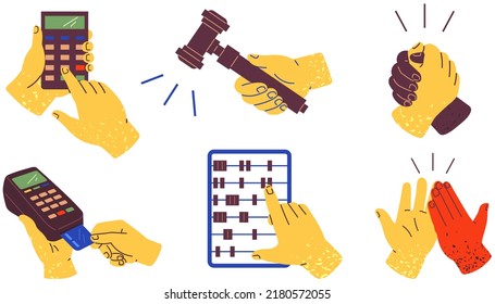 Accounting, calculating, working with devices to count. Set of colorful hands holding different items and showing gestures. Objects for counting, gavel of judge and handshakes vector illusration