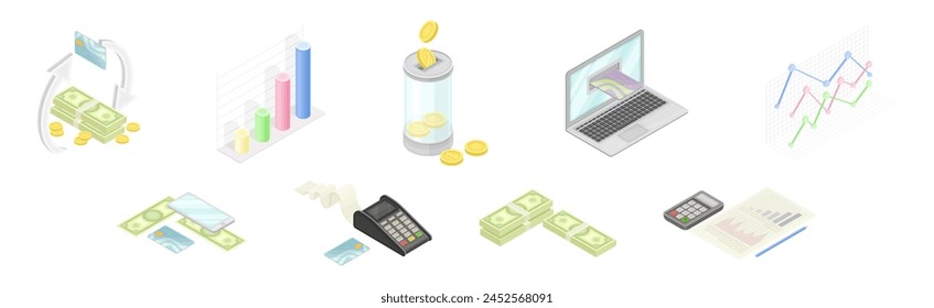 Cálculo Contable y Análisis Financiero con Juego de Vectores Isométricos de Gráfico y Dinero