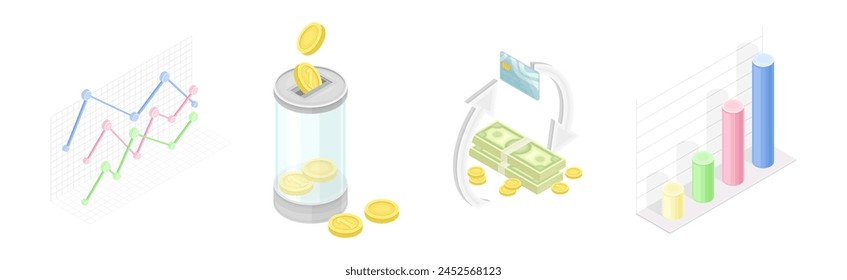 Accounting Calculation and Finance Analysis with Chart and Money Isometric Vector Set