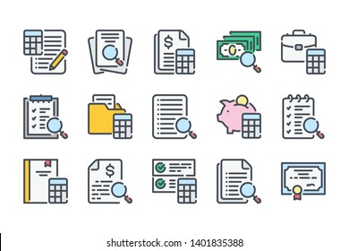 Accounting and Calculation related color line icon set. Auditing and Financial report vector outline icons.