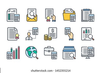 Accounting and Calculation related color line icon set. Auditing and Financial report vector outline icons.