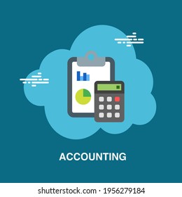 Contabilidad con calculadora y nota con documentos estadísticos sobre el diseño de concepto plano de fondo azul