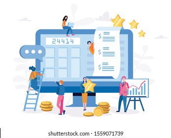 Accounting, calculators , Audit, financial report. Tax process. Research, Vector illustration for web banner, infographics, mobile. project management, planning, analysis,