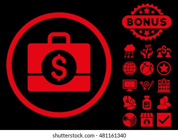 Accounting Case icon with bonus. Vector illustration style is flat iconic symbols, red color, black background.