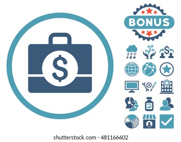Accounting Case icon with bonus. Vector illustration style is flat iconic bicolor symbols, cyan and blue colors, white background.