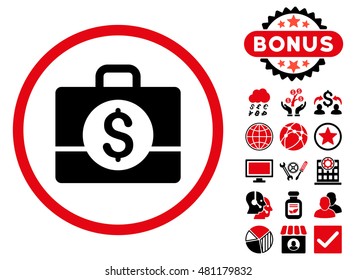 Accounting Case icon with bonus. Vector illustration style is flat iconic bicolor symbols, intensive red and black colors, white background.