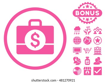 Accounting Case icon with bonus. Vector illustration style is flat iconic symbols, pink color, white background.