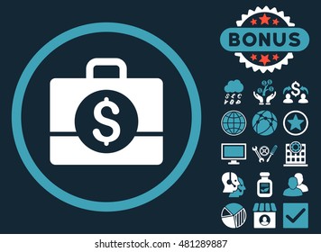 Accounting Case icon with bonus. Vector illustration style is flat iconic bicolor symbols, blue and white colors, dark blue background.