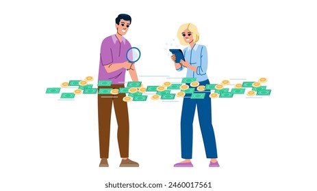 Vector de gestión de flujo de efectivo contable. fondo de economía, trabajo personal, estrategia tecnológica contabilidad carácter de gestión de flujo de efectivo. personas ilustración plana de dibujos animados