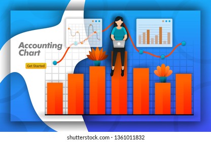 Accounting Chart Design with bar charts and line charts for all accounting activities, accounting training, certifications. simply bookkeeping for brochure and design presentations. Flat vector style