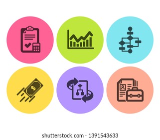 Accounting checklist, Block diagram and Technical algorithm icons simple set. Fast payment, Infochart and Vacancy signs. Calculator, Algorithm path. Education set. Flat accounting checklist icon