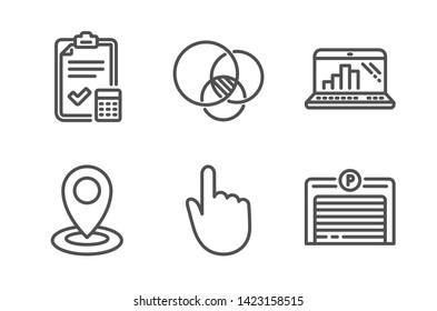 Accounting checklist, Hand click and Graph laptop icons simple set. Euler diagram, Location and Parking garage signs. Calculator, Location pointer. Technology set. Line accounting checklist icon