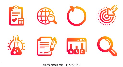 Accounting Checklist, Internet Search And Signing Document Line Icons Set. Loop, Chemistry Lab And Targeting Signs. Survey Results, Research Symbols. Calculator, Web Finder. Technology Set. Vector