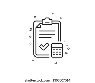 Accounting checklist line icon. Calculator sign. Calculate finance symbol. Geometric shapes. Random cross elements. Linear Accounting checklist icon design. Vector