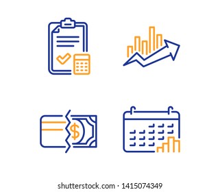 Accounting checklist, Payment methods and Growth chart icons simple set. Calendar graph sign. Calculator, Credit card, Sale diagram. Annual report. Finance set. Linear accounting checklist icon