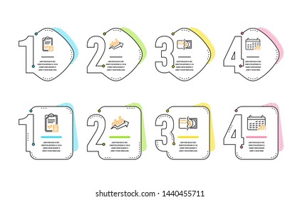 Accounting checklist, Payment methods and Growth chart icons simple set. Calendar graph sign. Calculator, Credit card, Sale diagram. Annual report. Finance set. Infographic timeline. Vector