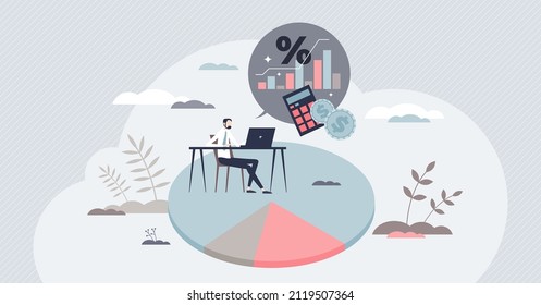 Accounting clerk work with invoicing or tax calculation tiny person concept. Daily job with financial business expenses reports and analysis vector illustration. Company budget and money flow planning