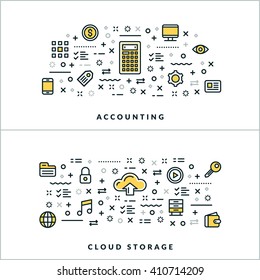 Accounting and Cloud Storage. Vector Flat Thin Line Illustration for Website Banner or Header. Flat Line Icons and Geometric Design Elements