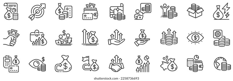 Monedas contables, Inversión Presupuestaria, iconos de la Estrategia Comercial. Iconos de línea de finanzas. Gestión financiera, ganancia presupuestaria y activos comerciales. Economía monetaria, préstamo en dólares y mapa del tesoro. Vector