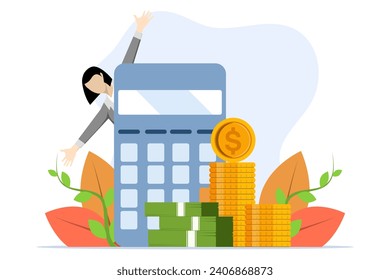 Accounting concept. Female character doing financial calculations on calculator app, computer and smart phone. calculate personal budget or financial income. flat vector illustration on background.