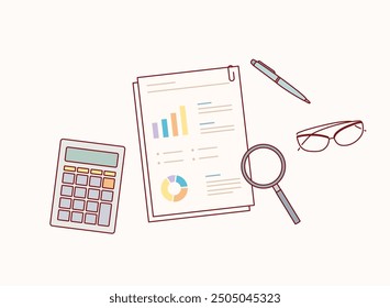 Concepto contable. Análisis financiero, análisis, captura de datos, planificación, estadísticas, investigación. Documentos, formularios, gráficos, gráficos. Ilustraciones de diseño de Vector de estilo dibujado a mano.