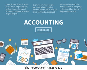 Accounting concept. Financial analysis, analytics, data analysis, planning, statistics, research. Documents, forms, charts, graphs, calendar, calculator, notebook, coffee, pen on the table. Top view.
