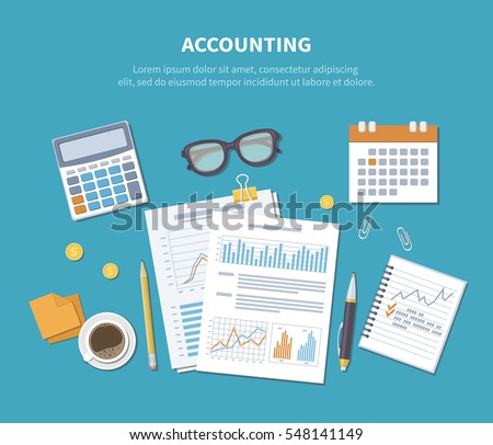  Accounting concept. Financial analysis, analytics, data capture, planning, statistics, research. Documents, forms, charts, graphs, calendar, calculator, notebook, coffee, pen on the table. Top view.