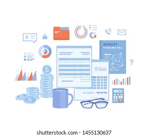 Accounting Concept. Financial analysis, tax payment, analytics, data capture, statistics, research. Forms, budget book, charts, graphs, folder with documents, money. Vector illustration on white 