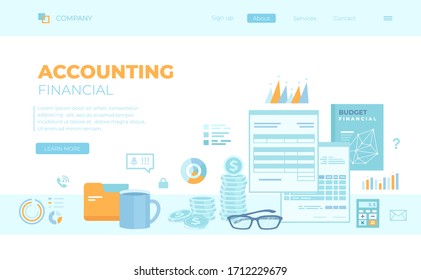 Accounting Concept. Financial analysis, tax payment, analytics, data capture, statistics, research. Forms, budget book, folder with documents, money. Can use for web banner, landing page, web template