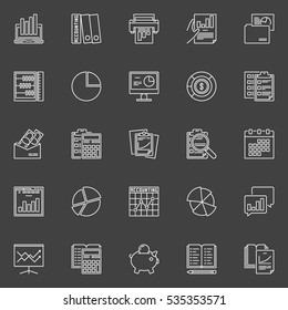Accounting concept icons. Vector collection of financial management outline signs. Accounting business linear symbols on dark background